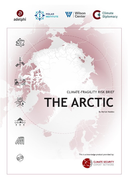 Figure 1. Cover image of the Climate-Fragility Risk Brief: The Arctic, published by the Climate Security Expert Network with support from the German Federal Foreign Office. Image copyright rests with © adelphi.