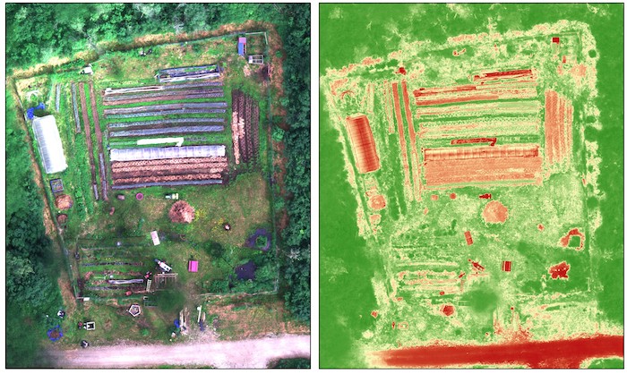 Figure 6. Images using an unmanned arial vehicle (UAV) of a farm with permafrost soils in the Fairbanks, Alaska. The image on the left is a visible image composite and the image on the right is a normalized vegetation index image that denotes green as healthy vegetation, yellow as less productive vegetation and red for either dead vegetation or non-vegetation land cover. Conducting these surveys throughout the growing season will allow us to identify areas with less productive vegetation that can be further
