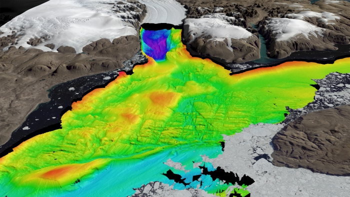 Oblique graphic perspective of fossil grounding line at the Petermann Sill. Striations show past ice flow path fromthe Petermann Fjord toward Nares Strait. Bathymetric data from Petermann Expedition mapping, Terrestrial Data courtesy from George Roth, Polar Geospatial Center, University of Minnesota.  Image courtesy of Martin Jakobsson.