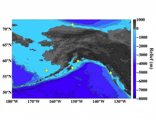 Figure 2. Map showing the location (yellow stars) of the buoys around Alaska that are measuring ocean acidification parameters in real-time.  Image courtesy of Jeremy Mathis.
