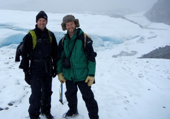 Matt Charette (left) and Ben Linhoff (right) atop the snout of the Leverett Glacier in May 2011. Photo courtesy of Jemma Wadham, University of Bristol.