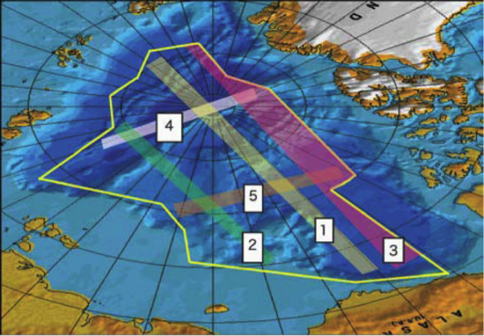 Figure 4: The five swaths are recommended corridors for data acquisition. The area outlined in yellow is approved for declassification. Image courtesy of U.S. Navy Arctic Submarine Laboratory.