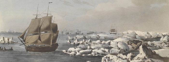 Figure 1: Detail from &quot;The Resolution beating through the Ice, with the Discovery in the most eminent danger in the distance.&quot; Etching by John Webber, published 1792. Image courtesy of the Arctic Ambitions exhibit.