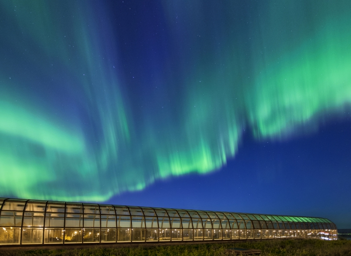 Northern lights are a common sight around Rovaniemi, pictured here with the Arktikum House. Photo by Pekka Koski.