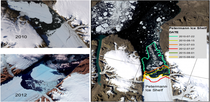 Major calving events in 2010 and 2012, which resulted in loss of about 30-40% of the Petermann Ice Shelf, provided the Petermann-2015 expedition access to study a system that had been covered by ice for centuries. Images courtesy of NASA.