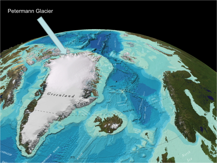 The Petermann Fjord is on the northwest coast of Greenland. Image courtesy of Martin Jakobsson. Base map from GEBCO.