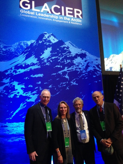 Members of the Polar Research Board with John Holdren at the recent GLACIER conference. From left, Larry Hinzman, Interim Vice Chancellor for Research, University of Alaska Fairbanks; Julie Brigham-Grette, UMass-Amherst and Chair of the NAS Polar Research Board; John Holdren, Chief Science Advisor, White House Science Office OSTP; and Rafe Pomerance, consultant, formerly with the U.S. State Department. Photo courtesy of Julie Brigham-Grette.
