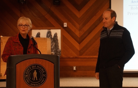  Fran Ulmer, Chair of the USARC, introduces Robert Rich, Executive Director of ARCUS, prior to his presentation to the Commission in Nome. Photo courtesy of John Farrell.