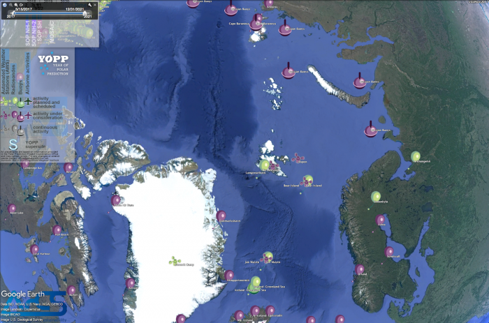 Figure 3: In order to provide a better overview of observational activities that will take place during the Year of Polar Prediction, the ICO has developed a kmz file to be opened, e.g., with Google Earth. Image courtesy of the Google Earth/International Coordination Office for Polar Prediction.