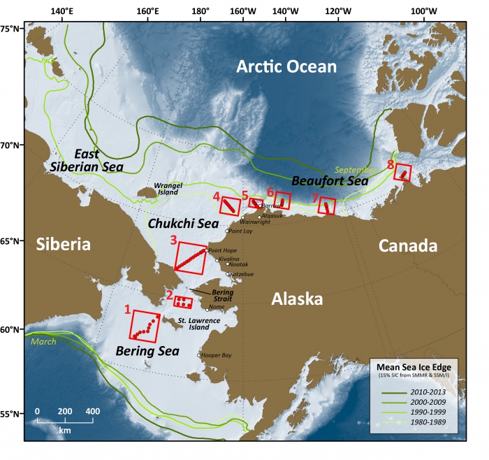 Figure 1: The Distributed Biological Observatory (DBO) extends from the northern Bering Sea to the Beaufort Sea, with eight sampling regions centered on &quot;hotspots&quot; of marine productivity and biodiversity. The DBO serves as a change detection array for the identification and consistent monitoring of biophysical responses to rapid physical changes in the Pacific Arctic sector.