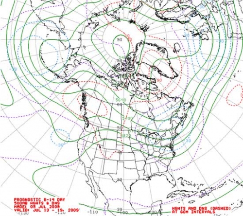 Figure 6. 8–14 day forecast of 500 mb geopotential heights.