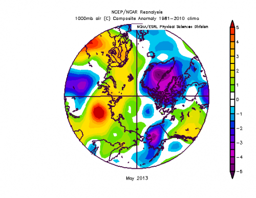 Figure 8. Near surface air temperature anomalies for May 2013.