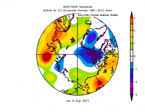 Figure 3b. Summer 2013 near surface air temperature anomaly field.