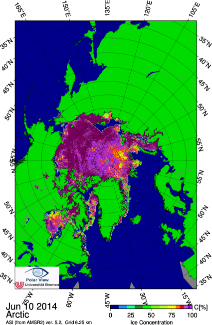 Figure 4. Arctic sea ice concentration on 10 June 2014. From PolarView, University of Bremen, http://www.iup.uni-bremen.de:8084/amsr2/.