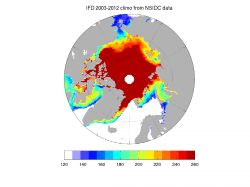 Climatology of ice-free dates (2003-2012 mean) from NSIDC