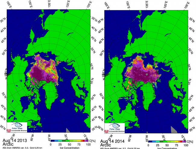 Figure 5. Sea ice concentration for 14 August in (left) 2013 and (right) 2014. From the University of Bremen/PolarView.