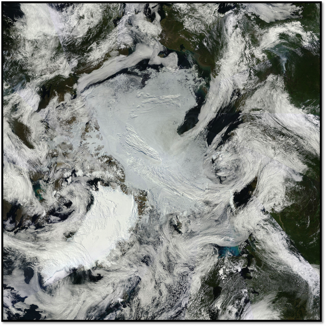 Figure 8. Visible true color mosaic of the Arctic Ocean for 14 August from the NASA MODIS sensor. Image from NASA WorldView, http://earthdata.nasa.gov/labs/worldview/