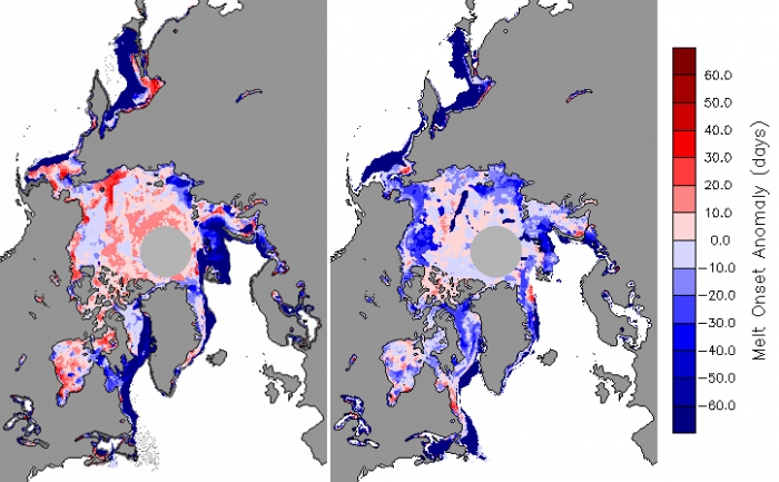 Figure 5. Anomalies in melt onset for 2013 (left) and 2014 (right).
