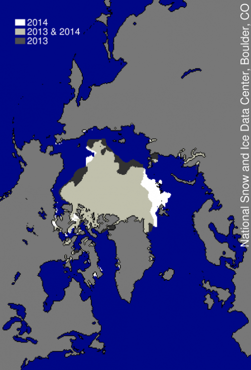 Figure 6. This image compares differences in ice-covered areas between September 17, 2014, the date of this year’s minimum, and last year’s minimum, September 13, 2013. Light gray shading indicates the region where ice occurred in both 2014 and 2013, while white and dark gray areas show ice cover unique to 2014 and to 2013, respectively.
