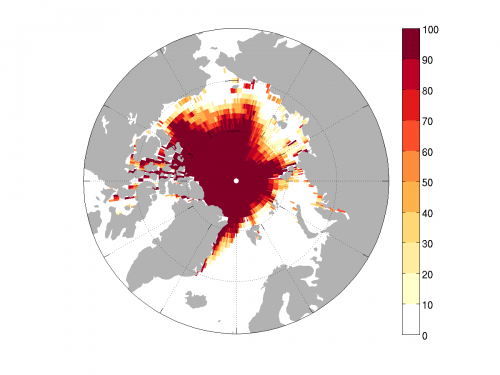 Figure 4. Sea Ice Probability (%) map of the projected NCAR CESM1 September mean ice extent for 2015. Image courtesy of Ed Blanchard-Wrigglesworth.