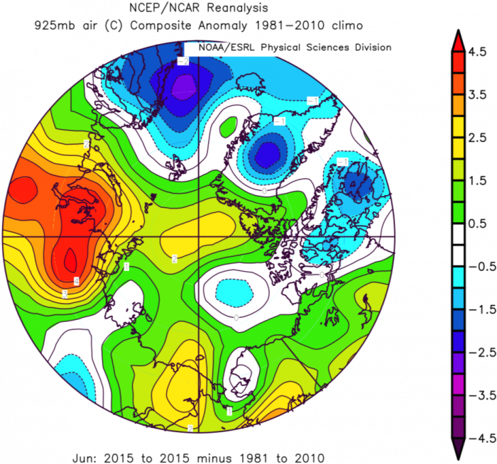 Figure 7. 9250 mb air temperature anomaly for June 2015. From NCAR/NCEP Reanalysis.