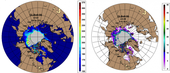 Figure 5. Left: First ice-free ordinal date (IFD). Right: Standard deviation of the IFD, with grey indicating a data void (i.e., no ice free days as the most likely outcome) of the projected GOFS 3.1 ensemble September mean for 2015. Images courtesy of NRL Stennis Space Center (Posey et al).