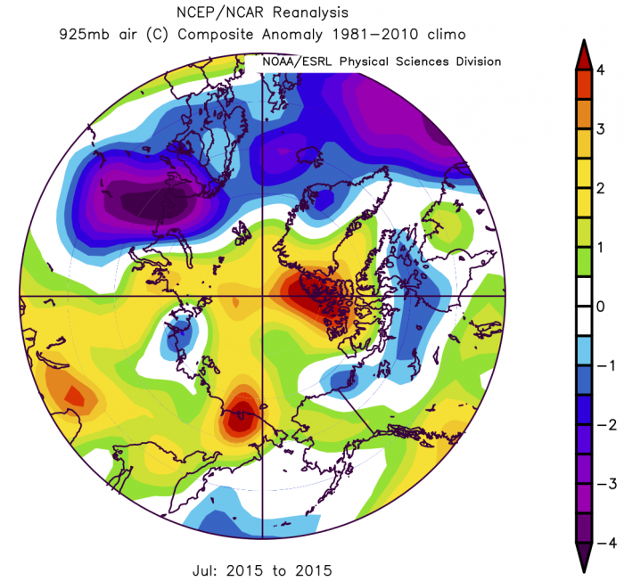 Figure 9. 925 mb air temperature anomaly for July 2015. From the NCEP/NCAR reanalysis.