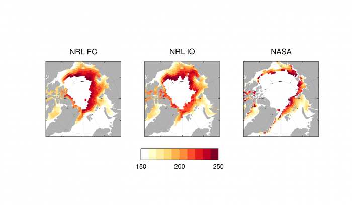 Figure 5. 2016 Sea Ice Outlook predictions of Ice Free Dates (IFD) from 3 dynamical models. NRL FC corresponds to Barton (NRL) and NRL IO to Metzger (NRL) in Figure 3. Image courtesy of Edward Blanchard-Wrigglesworth.