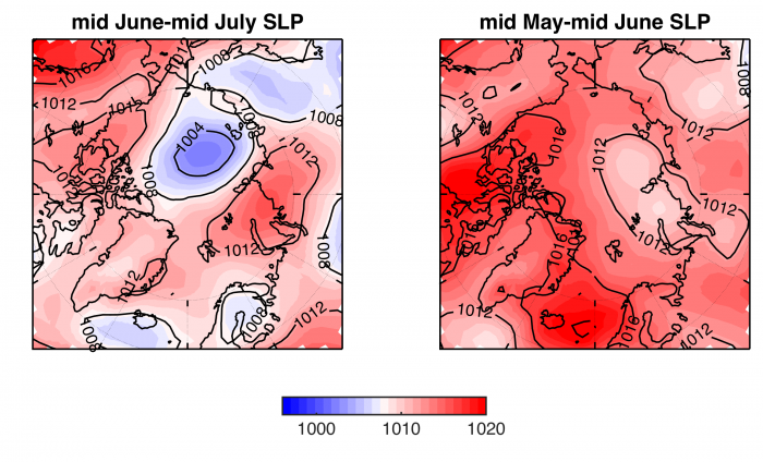 Figure 9. Mean sea level pressure in hPa during the last month and the previous month. 