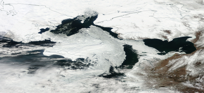 Figure 20: 21 April 2016 Terra / MODIS image showing mostly open water across the Bering Strait. Image from NASA WorldView.
