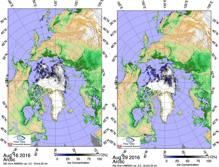 Figure 8: Sea ice coverage (left) 16th August 2016; (right) 29th August 2016 before and after the storm passed over the Arctic Ocean.  Image generated from data from the AMSR2 sensor (Spreen et al, 2007). Images courtesy of Univ. Bremen.