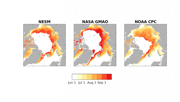 Figure 4. 2017 Sea Ice Outlook predictions of Ice Free Dates (IFD) from 3 dynamical models.