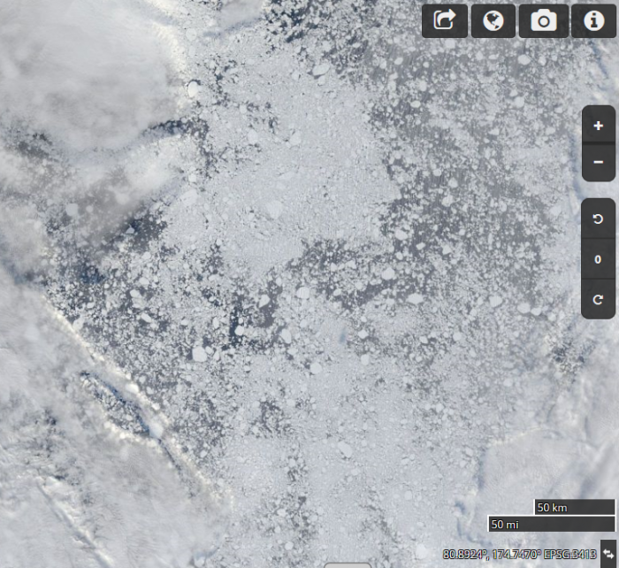 Figure 10. Image for Aug 21 centered at 82 N 155 E showing the low sea ice concentration. Plot is provided by NASA Worldview. 