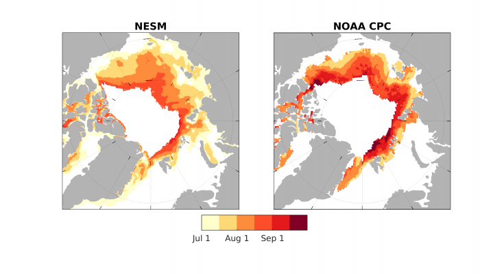 Figure 6. 2017 August Sea Ice Outlook predictions of Ice Free Dates (IFD) from NESM and NOAA CPC dynamical models.