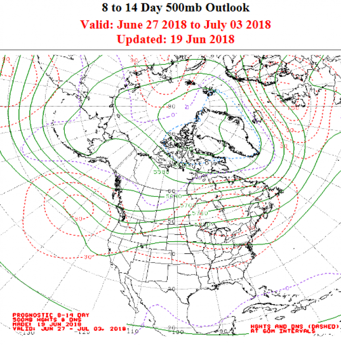 Figure 10. Extended range forecast of 500mb geopotential heights (green contours) over the Arctic and North America.  NOAA/NWS product.