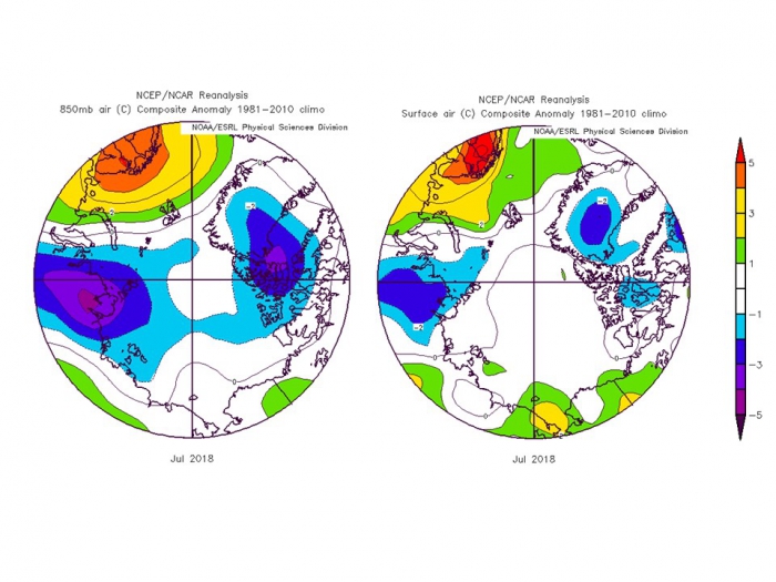 Figure 9. Departures from normal air temperatures (°C) at 850 hPa (left) and the surface (right) during July, 2018.  Source: NOAA Earth Science Research Laboratory