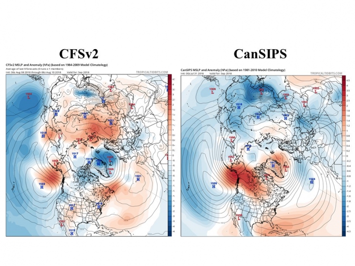 Figure 14.  Sea level pressure forecasts for September from the NOAA&#39;s CFSv2 model (upper) and Canada&#39;s CanSIPS model (lower).  Contours show actual pressures, colors show departures from model&#39;s climatology for September. 