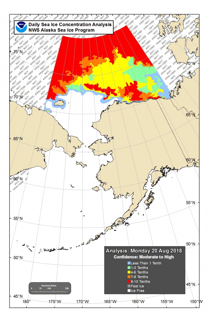 Figure 18. Alaska Region sea ice concentration for Chukchi and Beaufort Seas from 15 August 2018. Figures courtesy of NWS Alaska Sea Ice Program (ASIP).