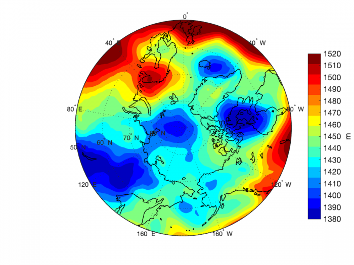 Figure 12. Projection of 850 mb geopotential height for 12 July 2019 based on the CFSv2 operational forecast.