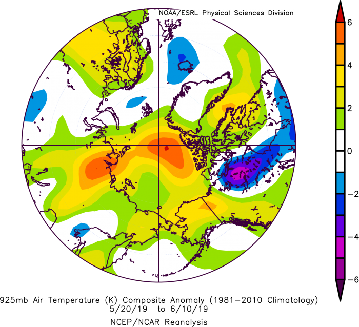 Figure 8. Arctic 925 hPa air temperature anomalies. From NOAA ESRL plotting routines.