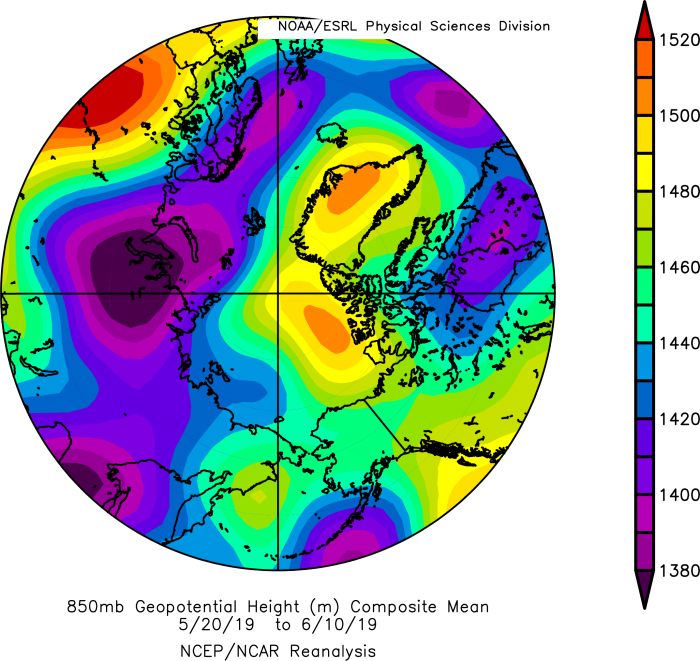 Figure 9. Arctic geopotential height field at 850 hPa - 15 % of the atmosphere above the surface. From NOAA ESRL plotting routines.