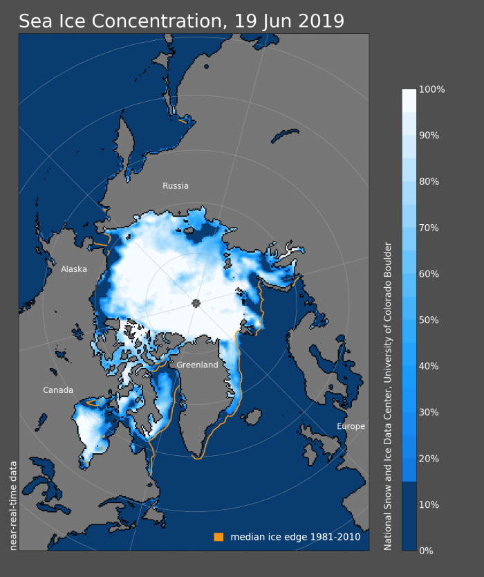 Figure 7. Sea ice concentration for 19 June 2019. Figure courtesy of the National Snow and Ice Data Center.