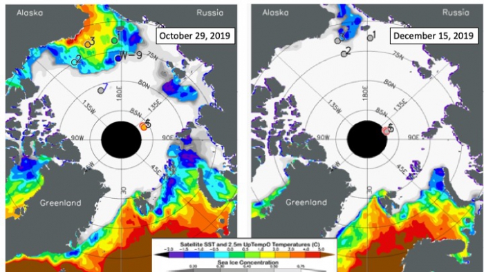 Figure 3b-2. Sea surface temperature (color contours) from NOAA’s OISST data set (Banzon et al., 2016), and ice concentration (gray contours) from NSIDC’s near-real-time SSMIS data set (Maslanik and Stroeve, 1999) for 29 October (left) and 15 December 2019 (right). Colored dots indicate drifting UpTempO buoy SSTs.