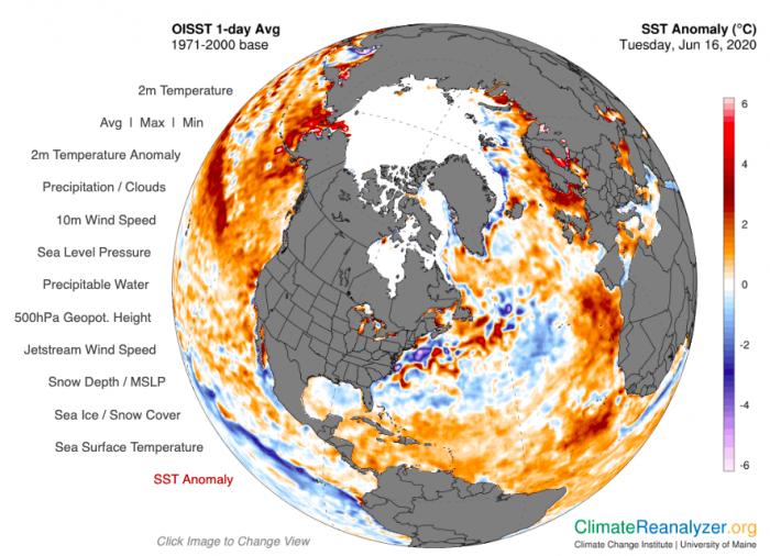 Figure 14. Sea Surface Temperature (SST) anomaly for 16 June 2020, relative to an average of that day over the years 1971–2000, using NOAA&#39;s OISST product, from the University of Maine Climate Change Institute&#39;s Climate Reanalyzer. 