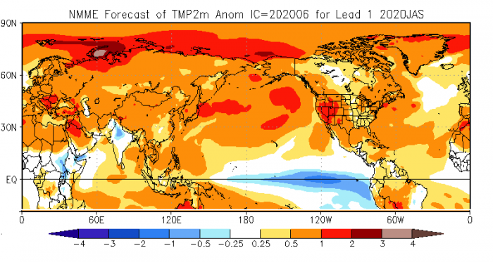 Figure 17. The outlook for summer temperature anomalies (C) based on the NMME forecasts for July–September 2020. Source: NOAA Climate Prediction Center.