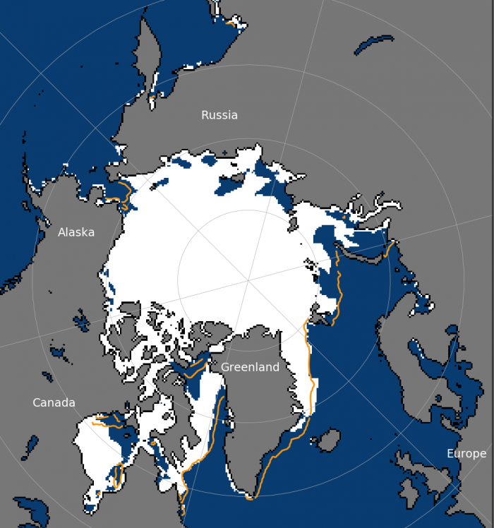 Figure 8. Sea-ice concentration for 21 June 2020. Yellow line outlines the median ice edge for 1981–2010.  Figure courtesy of the National Snow and Ice Data Center.