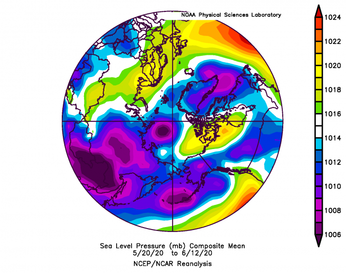Figure 9. Arctic sea level pressure averaged for 20 May–12 June 2020. From NOAA ESRL plotting routines.