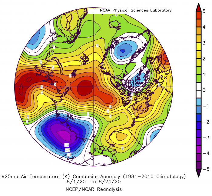 Figure 11. Departure from average air temperature in the Arctic at the 925 hPa level, in degrees Celsius, from 1–24 August 2020. Yellows and reds indicate higher-than-average temperatures; blues and purples indicate lower-than-average temperatures. Figure courtesy of NOAA Earth System Research Laboratories: Physical Sciences Laboratory.
