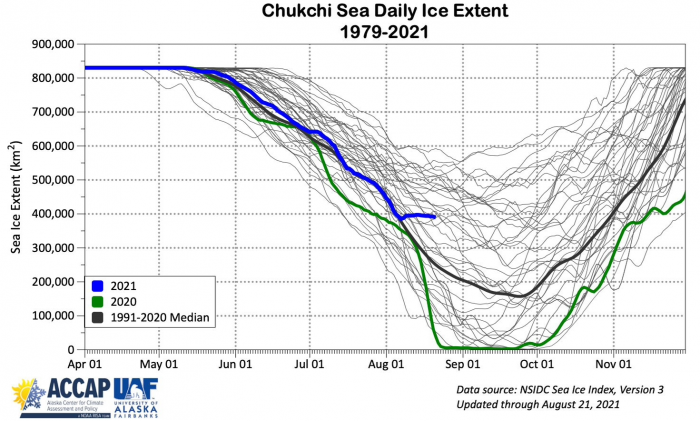 Figure 16b. Annual cycle of sea-ice extent in Chukchi Sea for 1979–2019 (grey), 2021 (blue), 2020 (red), 2019 (purple dots) and, 1981–2010 median (black). Courtesy of Rick Thoman.