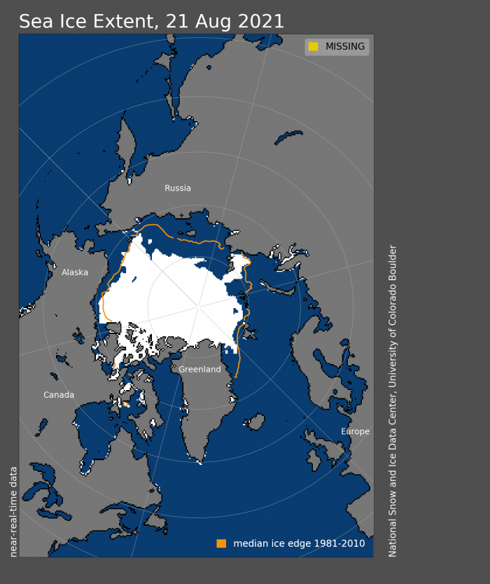 Figure 5. Arctic sea-ice extent and concentration for 21 August 2021, along with the median ice edge for 1981 to 2010. Figure courtesy of the National Snow and Ice Data Center.